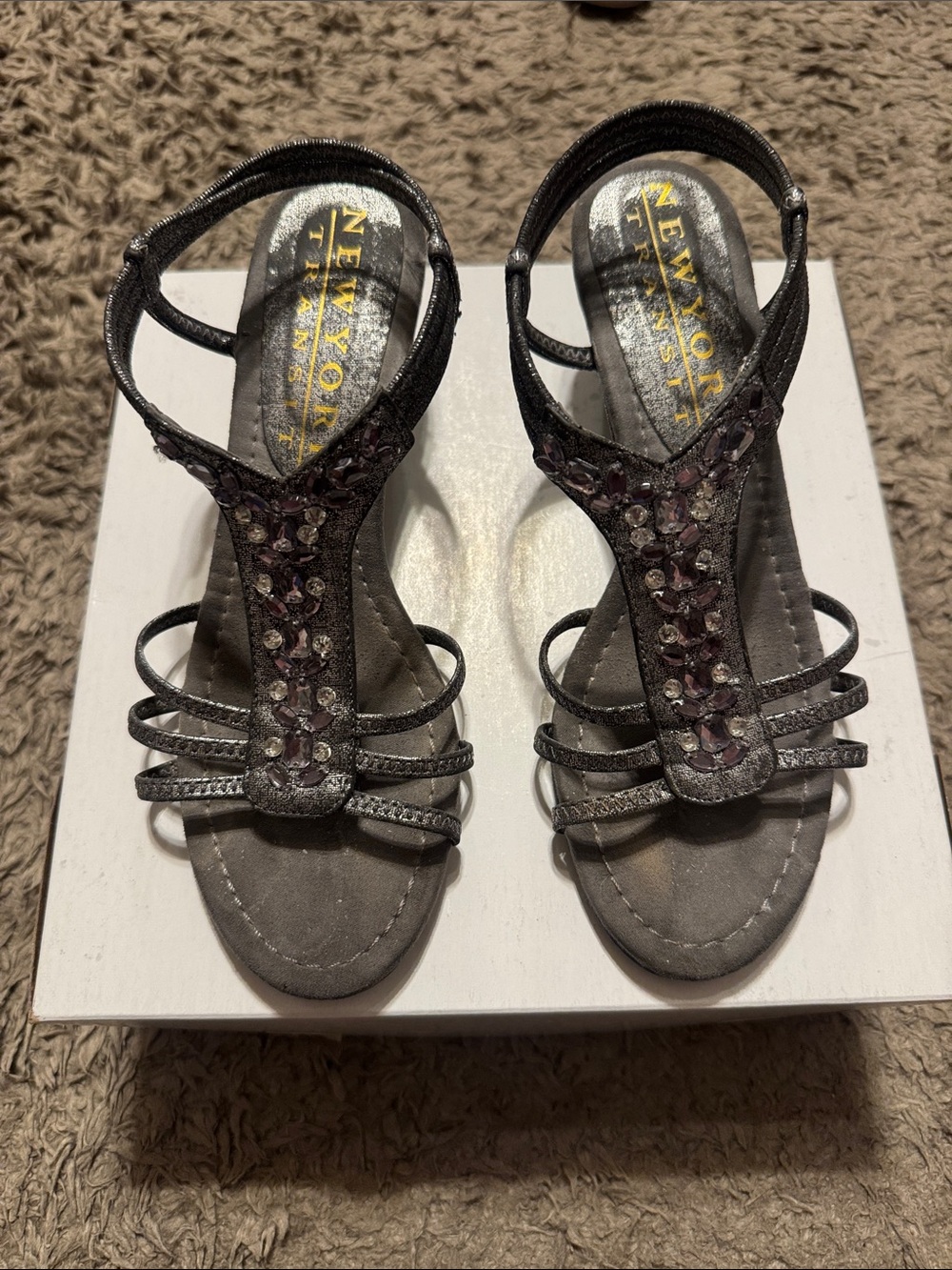 New York Transit Women's Gunmetal Jeweled T-Strap Sandals